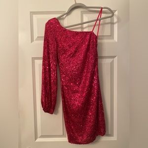 One shoulder sequin dress, 33” from shoulder to hem. Very sparkly.